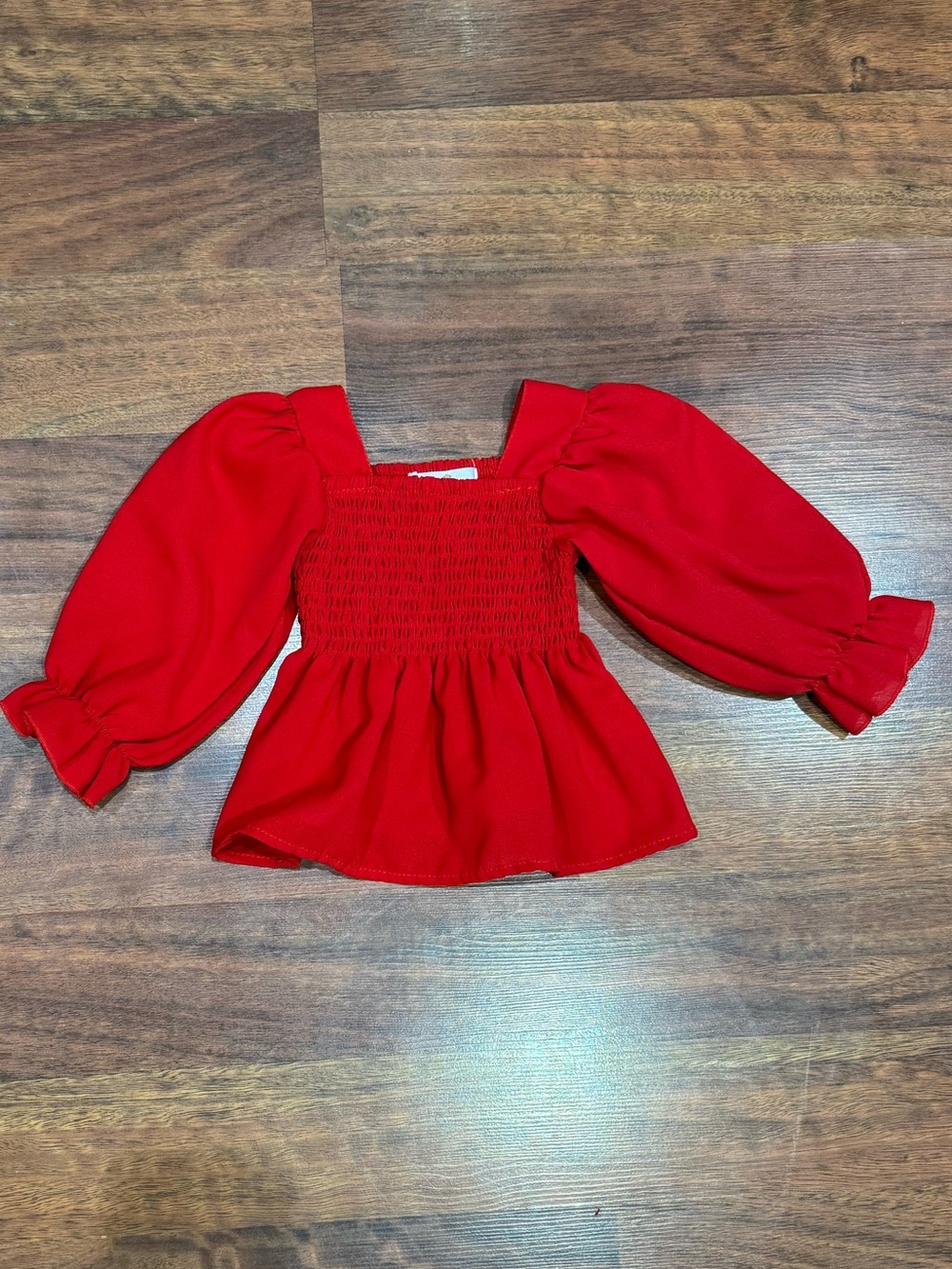 Marie Nicole - Red Smocked Peplum Top with Puff Sleeves